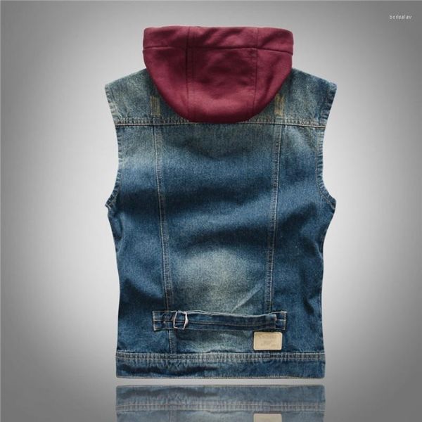 Coletes Masculinos Outono Moda Coreana Casual Estilo Punk Vintage Com Capuz Slim Chapéu Motociclista Destacável Casaco Lavado Homem Denim