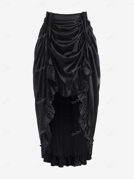 Röcke ROSEGAL Plus Size Gothic Cinched Rüschen Geraffter seidiger Maxirock Schwarz Elastische Taille Asymmetrisch knöchellang für Damen