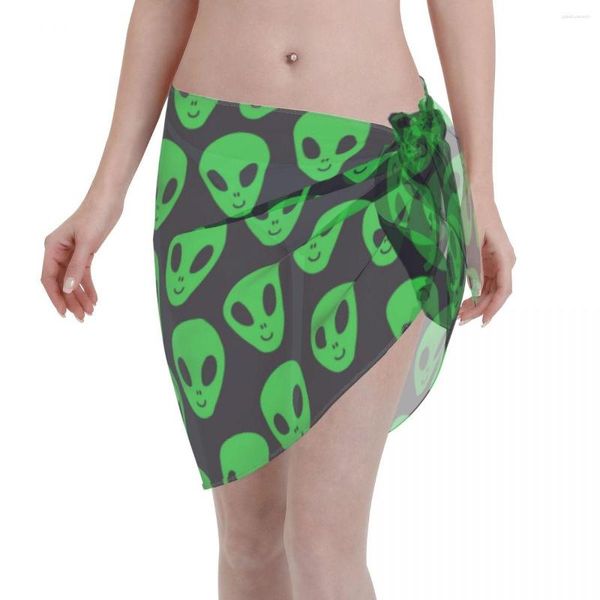 Damen-Bademode, grün, Alien-UFO (2), Sommer-Frauen-Coverups, Strand-Bikini-Wickel, transparenter kurzer Rock, Schal-Cover-Ups für