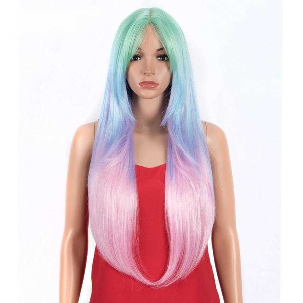 Synthetische Perücken, lange gerade Perücke mit Pony, synthetische Perücken für schwarze Frauen, 81,3 cm, hitzebeständiges Ombre-Regenbogen-Cosplay-Haar, 230227