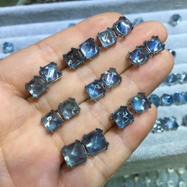 Saplama küpeleri 1 çift Fengbaowu Doğal Taş Aquamarine Küpe Şeker Kulesi Şekli 925 STERLING Gümüş Moda Takı Kadınlar için