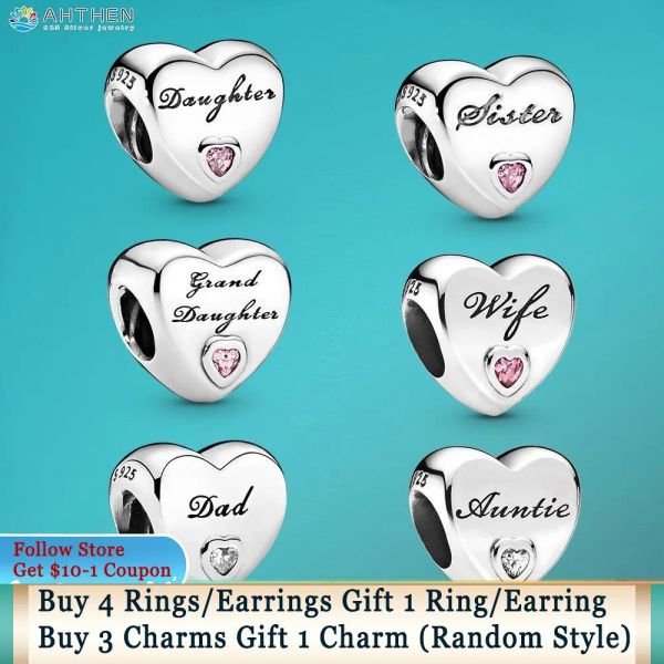 925 Sterling Silver per pandora charms autentico braccialetto di perline Sorella Figlia Famiglia Set di ciondoli a cuore