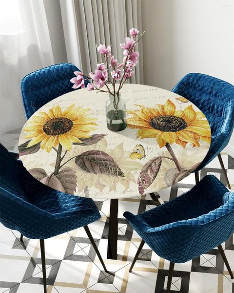 Tischdecke, Vintage-Blumen, Schmetterlinge, gelbe Sonnenblume, rund, elastisch, mit Kanten, wasserdicht, passgenaue Tischdecke