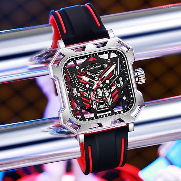 Нарученные часы Dulunwe 2023 Men Mechanical Watch Fashion Luxury Men's Square Silicone Automatic Watches Hollow Out Relogio Masculino