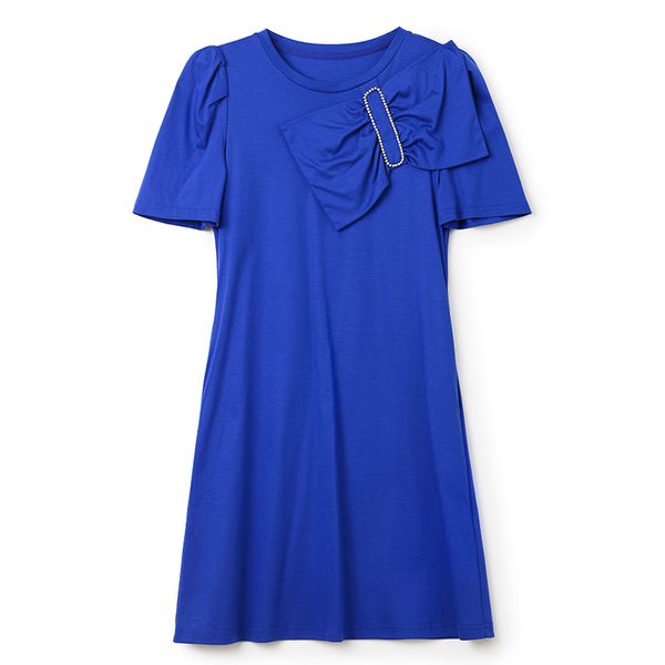 2023 Summer Bluesolid Color лента галстук Bowknot Платье с коротким рукавом круглое шея до колена повседневные платья W3L041903