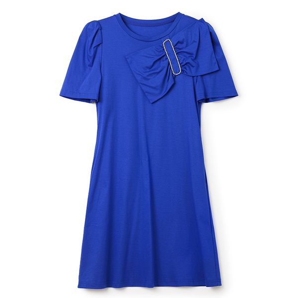 2023 Summer BlueSolid Colour Ribbon Tie Bowknot Dress Manica corta Girocollo Abiti casual al ginocchio W3L041903