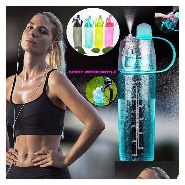 Bottiglie d'acqua 600Ml Bottiglia per sport spray Bollitore per sport all'aperto portatile Tazza per bere anti-perdite con nebbia Cam Plastica 4877 Drop Deliver Dh1Av