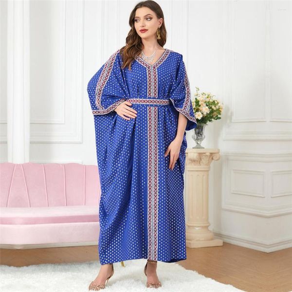 Roupas étnicas Eid Mubarak Abaya Para Mulheres Muçulmanas Bolinhas Bordadas Vestido de Verão Solto Manga Morcego Dubai Kaftan Robe Árabe Islamismo Turquia