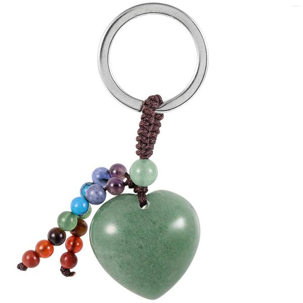 Chaveiros Pedra de cristal natural em forma de coração Chaveiro esculpido à mão com borlas de 7 chakras frisado Chaveiro de metal para carteira Mochila