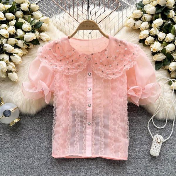 Frauen Blusen Koreanische Chic Einreiher Blusas Mujer 2023 Spitze Rüschen Perlen Stickerei Frauen Vintage Elegante Sommer Shirts