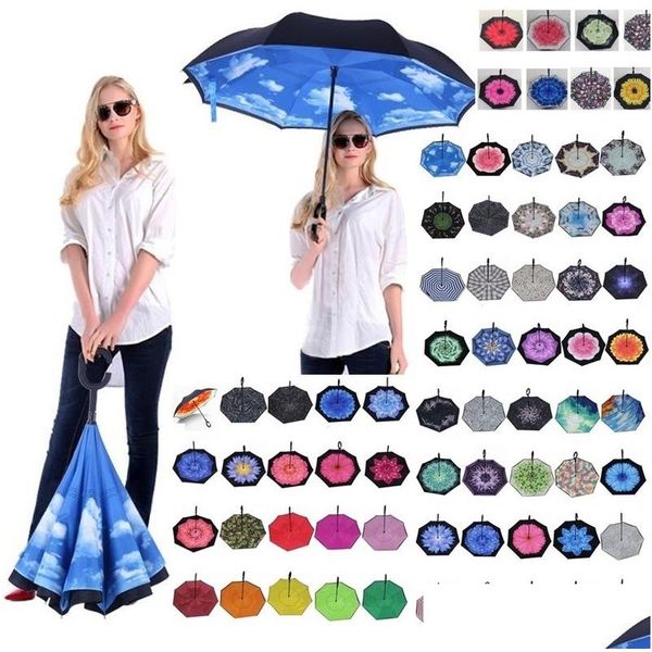 Guarda-chuvas guarda-chuva reverso dobrável 85 estilos dupla camada invertida cabo longo à prova de vento carro de chuva C drop delivery casa jardim casa Dhiwo