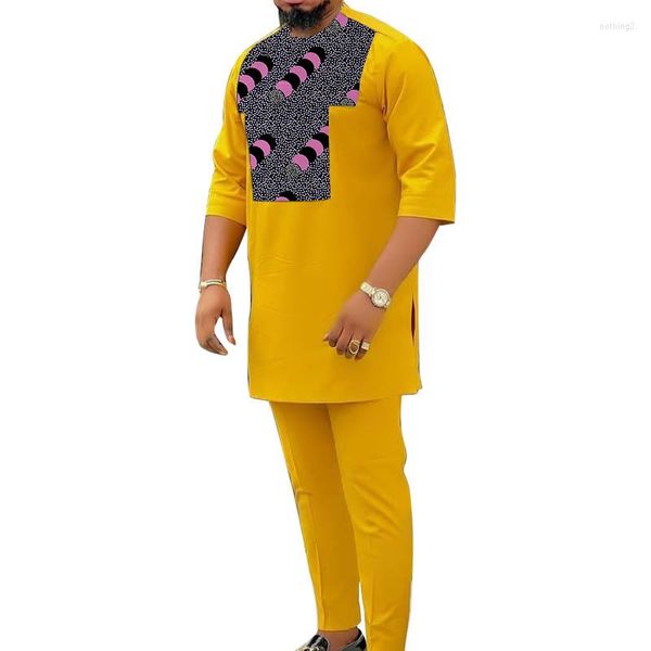Erkeklerin izleri sarı pamuklu set patchwork gömlek yarım kol tasarım nijeryalı moda pantolon erkek Afrika parti giymek