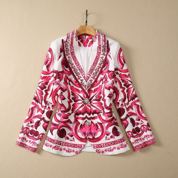 2023 Summer Red Paisley Print Beadered Blazers с длинным рукавом с зарезанным лапком.