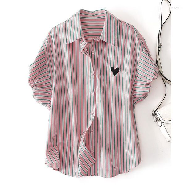 Blusas femininas 2023 verão elegante listrado amor bordado manga bufante camisas femininas moda solta casual escritório chique trabalho vestir blusa