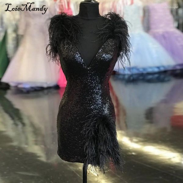 Partykleider Funkelnde schwarze Pailletten Abschlussfeier 2023 Luxusfedern Maxi-Dinnerkleid für Frauen Kurze Abschlussball-Geburtstagskleider