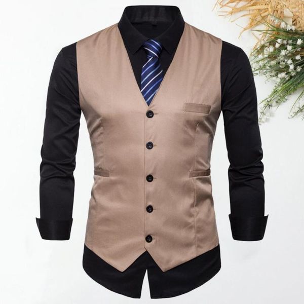 Gilet da uomo Gilet formale da uomo Gilet da lavoro Scollo a V Senza maniche Tasche monopetto Bottoni tinta unita Vestibilità slim Sposo morbido Groomsman C