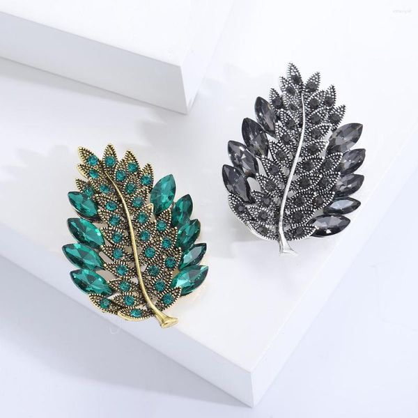 Broches femininos modernos de penas de cristal, folhas vintage, para mulheres, pinos de strass de luxo, corpete, distintivo, presentes