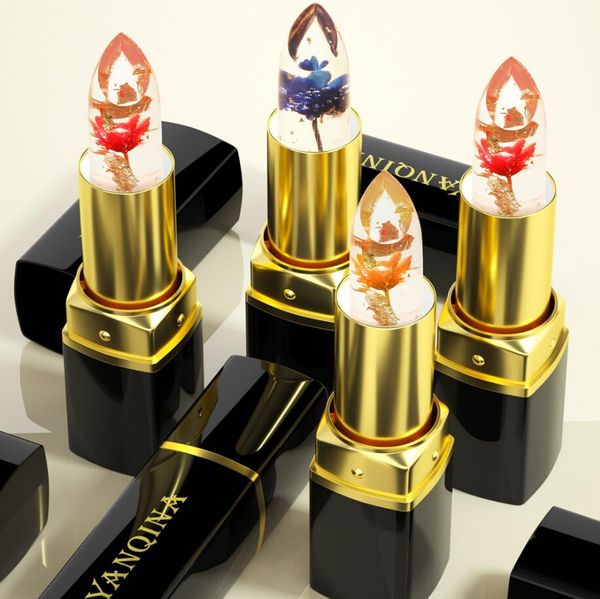 YANQINA Blumen-transparenter Lippenstift, wasserdicht, Farbtemperatur ändernder Lippenbalsam, feuchtigkeitsspendend, langlebig, Kristall-Lipgloss-Make-up
