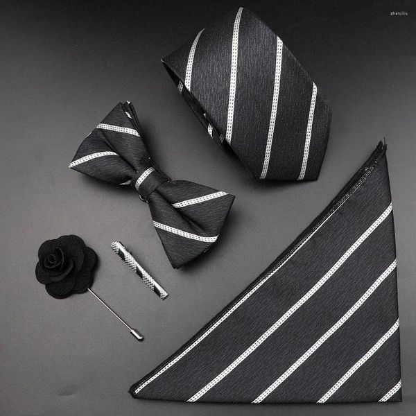 Fliegen Gestreifte Männer Krawatte Set Polyester Plaid Jacquard Gewebte Krawatte Bowtie Anzug Vintage Schwarz Grau Für Business HochzeitZubehör