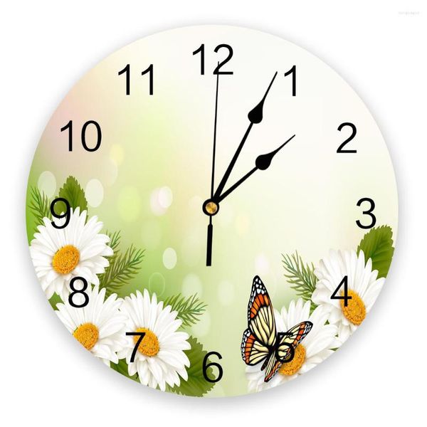 Wanduhren, weiße Blume, Chrysantheme, Schmetterling, moderne Uhr für Zuhause, Büro, Dekoration, Wohnzimmer, Badezimmer, Dekor, Hängeuhr