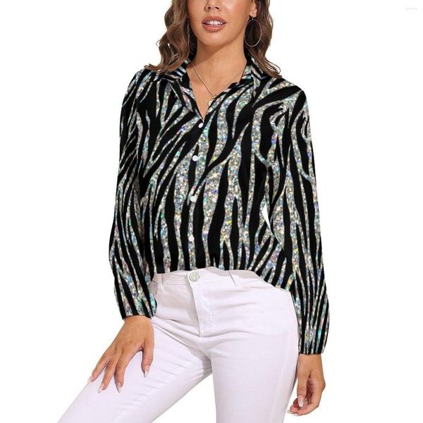 Kadın bluzları parıltılı zebra bluz soyut hayvan baskı modern grafik kadınlar rahat gömlek bahar uzun kollu büyük boy kıyafetler