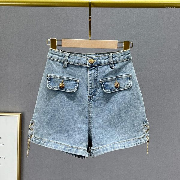 Jeans feminino shorts jeans para mulheres 2023 verão elástico cintura alta magro calça evasê corrente com cadarço street femme