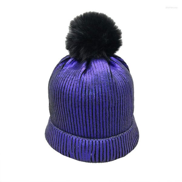 Berets Winterfeste Damen-Mütze aus gestricktem Fleece mit Pailletten und Kunstfell-Pom-Pom, lässiger Strick, warm, glänzend, glitzernd, Wintermütze, Totenkopf-Motiv, ca