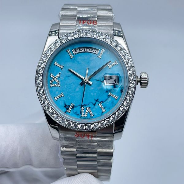 Relógio mecânico automático feminino data romano diamante rosto 36mm moldura de diamante fivela dobrável de aço inoxidável relógio de presente de natal feminino