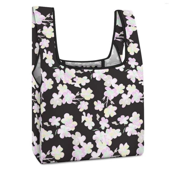 Borse per la spesa Borsa per bellissimi fiori neri Borsa per shopper stampata personalizzata Borsa pieghevole per donna casual Modello personalizzato