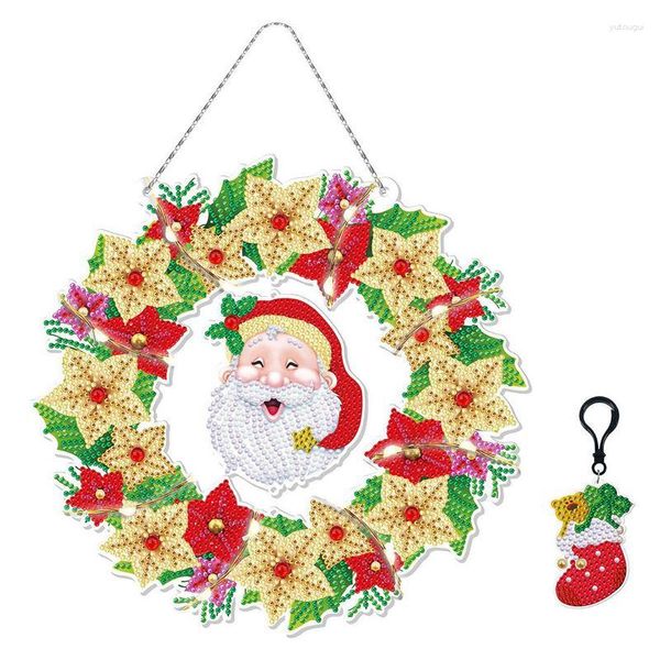 Flores decorativas guirlanda de Natal com pintura de diamante Faça você mesmo guirlanda de pintura de diamante com luz LED e strass kit de artesanato para adultos e