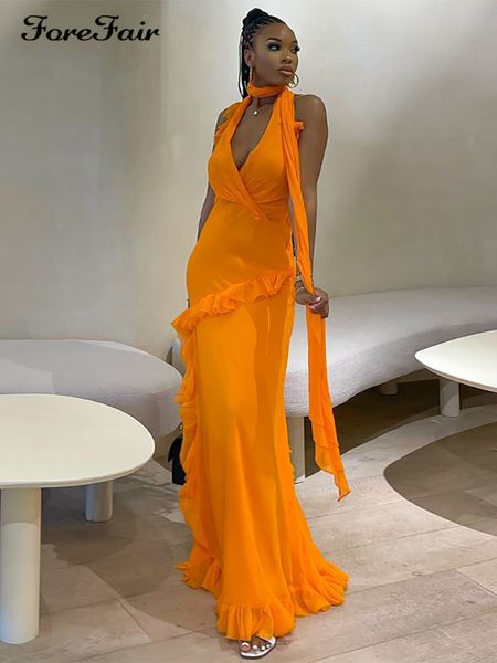 Abiti casual di base Forefair Halter Backless Maxi Dress Summer Orange Ruffle 2023 Y2K Sexy Off Shoulder Club Women Holiday Beach Outfits Party 230707