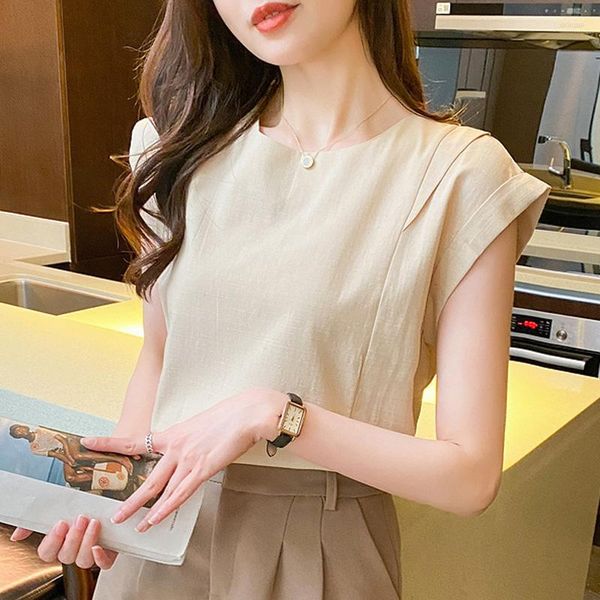Camicette da donna 2023 Camicie da donna a maniche corte estive Moda coreana Camicie larghe casual Camicetta senza maniche in lino di cotone 21234