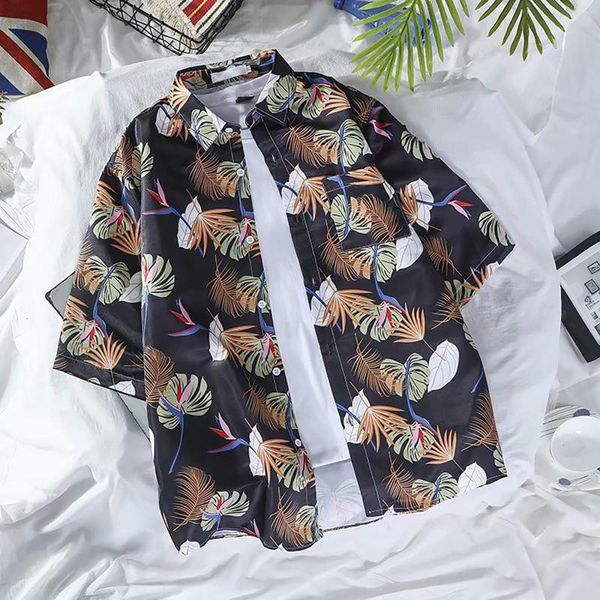 T-shirt da uomo Camicia abbottonata in velluto a coste Vestibilità ampia Coppia casual con stampa di foglie tropicali a maniche corte