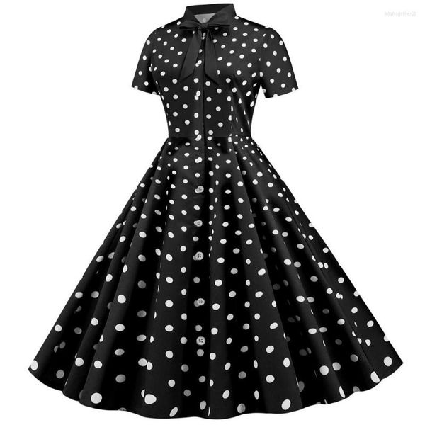 Partykleider Schwarz Polka Dot Elegantes Sommerkleid Frauen Robe Vintage Fliege Kragen Büro Knöpfe Kurzarm Vestidos 2023