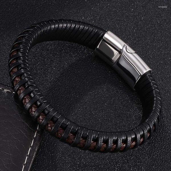 Charme Armbänder Stil Schwarz Geflochtenes Leder Seil Armband Für Männer Schmuck Punk Stahl Magnetische Verschluss Handgemachte Männliche Armband SP0402