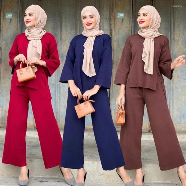 Roupas Étnicas Outono Inverno Blusas De Malha Calças 2 Peças Conjunto Feminino Muçulmano Dubai Turquia Abaya Camisola Calças Vestido Kaftan Outfits 2pc