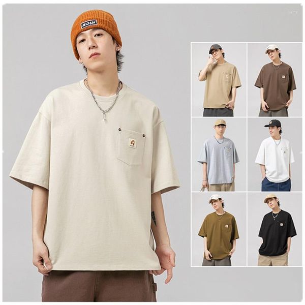 Camisetas masculinas de ajuste solto, manga curta, bolso, unissex, marca da moda, tops de algodão puro, roupas de casal sólidas