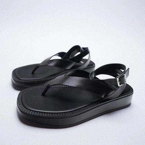 Sandali Scarpe estive da donna Sandali alla moda in pelle piatta nera Stringate Sandali con cinturino alla caviglia con suola spessa per le donne ZA Infradito con punta pizzicata 230707