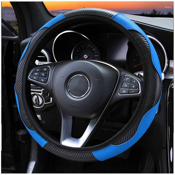 Cobertura de volante capa de carro para 37 38 cm de diâmetro esportes de fibra de carbono universal sem anel interno alça de couro elástico