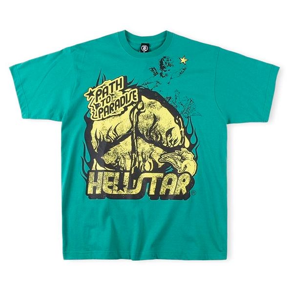 Hellstar Small Pre Owned Path T-shirt T-shirt verde stampata a maniche corte Stampa Jungle Angel Top in cotone unisex T-shirt vintage da uomo T-shirt allentata estiva Rock SMLXL