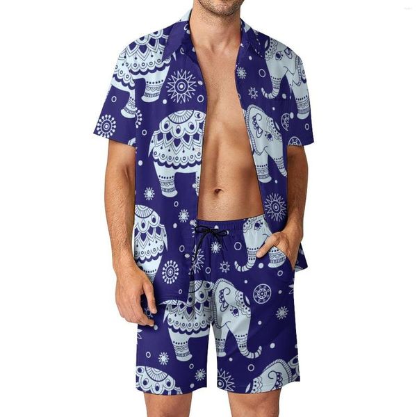 Herren-Trainingsanzüge, Vintage-Elefant-Männer-Sets, Ethnische Tier-Freizeitshorts, Sommer-Trend-Strandhemd-Set, Kurzarm-Design, Übergroß