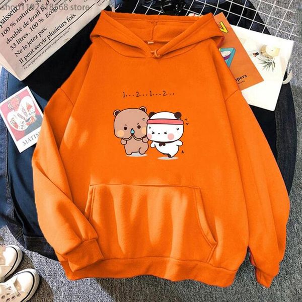 Damen Hoodies 2023 Frauen Kawaii Panda Bär Hoodie Süßes Paar Bubu und Dudu machen Übung Sweatshirt Mädchen Tops Langarm Tasche