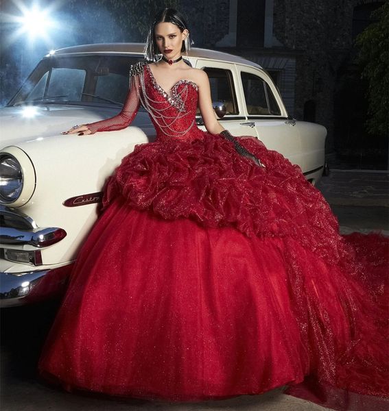 Lusso Borgogna Organza Abiti Quinceanera Una Spalla Cristalli Perline Increspato Abito da Ballo Dolce 15 Abito per Ragazze Prom Occasioni Speciali Festa Vestido Vx Anos