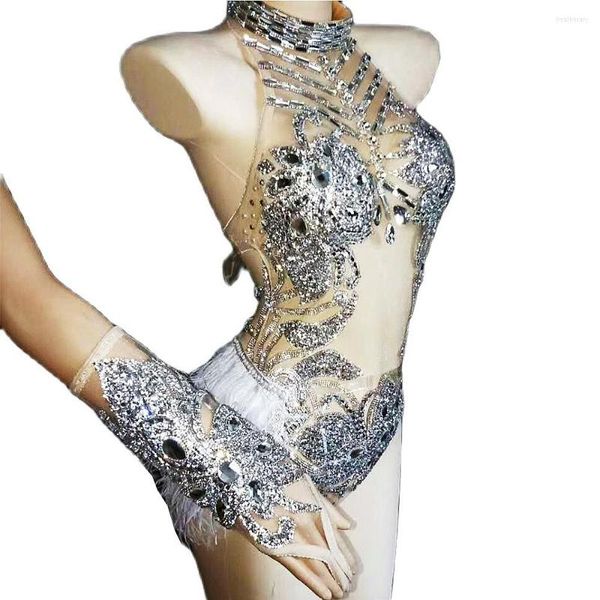 Stage Wear Sparkling Strass Pattern Stampa Mesh Garza Body Guanti Donna Piume Prospettiva Dance Nightclub Costumi