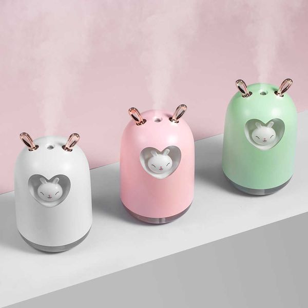 Umidificatori Umidificatore d'aria di coniglio adorabile 300ML Cute Pet Ultrasuoni Nebbia fredda Aroma Diffusore di olio Colore romantico Lampada LED USB Umidificatore