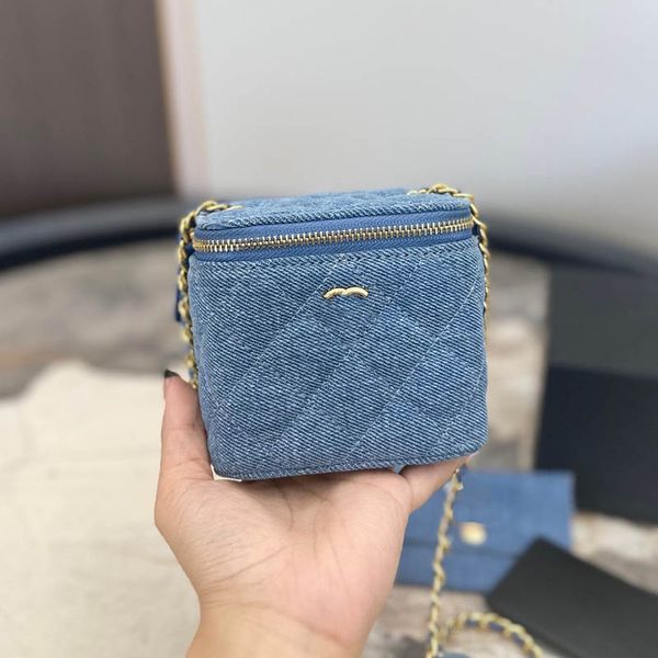 Klasik Taşınabilir Kadınlar Denim Kozmetik Çanta Küçük Altın Top Ayarlanabilir Zincir Elmas Kafes Kapitone Mini Crossbody Tasarımcı Çanta Lüks Çanta Para Çantası 10cm