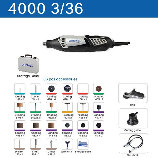 Attrezzatura Smerigliatrice elettrica Dremel 40003/36 ad alte prestazioni con 3 accessori 36 accessori per intaglio incisione molatura