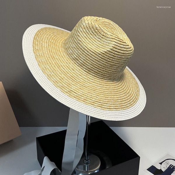 Chapéus de Aba Larga Clássico Chapéu de Palha Panamá Para Mulheres Bege Branco Patchwork Verão Sol Fita Gravata Praia Viagem Festa Fedora