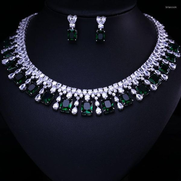 Halskette-Ohrringe-Set, 4 Farben, wählbar, luxuriöser, besserer kubischer Zirkon, klar, schwerer Abendessen-Schmuck, Hochzeit, Brautkleid-Accessoires