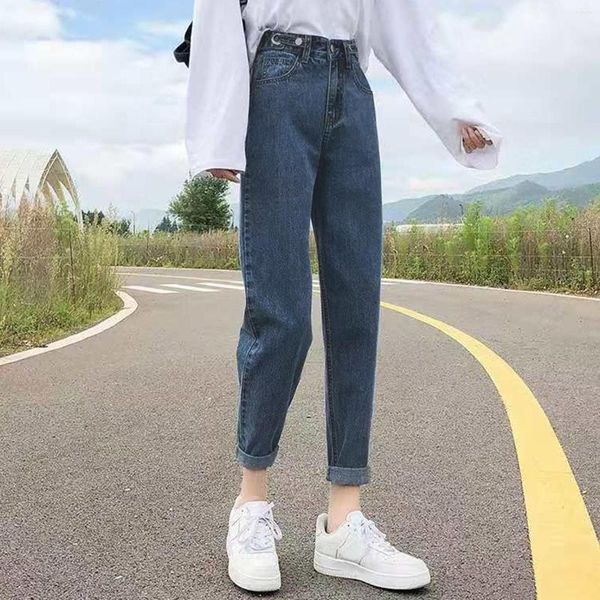 Женские джинсы повседневная уличная одежда Джинсовая брюки Прямые брюки для ног выглядят тонким скручиванием для женщин в корейском стиле высокая талия.